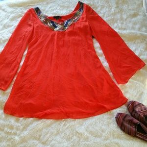 Embroidered Beaded Bell Sleeve Tunic Top